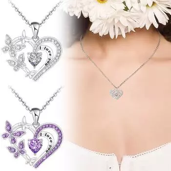 Ожерелье с микростразами в виде сердца и бабочки, женское ожерелье, женское ювелирное ожерелье, подарок, 1 шт. One Size фиолетовый