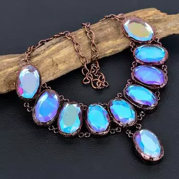 Ожерелье с мистическим топазом, ювелирные изделия из драгоценных камней, медное ожерелье, полученное электроформованием, регулируемая цепочка, подарок для женщин, красивые ювелирные изделия ручной работы 18 Inches With Adjustable синий