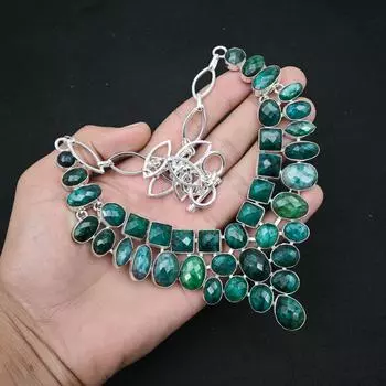 Ожерелье с ограненным изумрудом, ожерелье из цельного серебра 925 пробы с драгоценными камнями, регулируемая цепочка, ожерелье ручной работы, на День благодарения 18 Inches With Adjustable зелёный