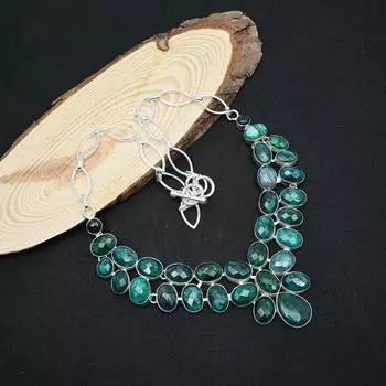 Ожерелье с ограненным изумрудом, ожерелье из цельного серебра 925 пробы с драгоценными камнями, регулируемая цепочка, ожерелье ручной работы, на День благодарения 18 Inches With Adjustable зелёный