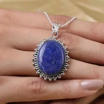 Ожерелье с овальной подвеской из лазурита, ювелирные изделия ручной работы, дизайнерское ожерелье, подарок для нее, украшения на день рождения, серебро 925 пробы 18 inch