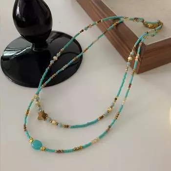 Ожерелье с пентаграммой, французское винтажное, в стиле вестерн, с синим натуральным камнем, тонкая цепочка на шею, цепочка на ключицу, женская