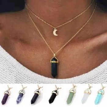 Ожерелье с подвеской, двойной слой, регулируемая длина, многофункциональный женский камень в форме полумесяца темно-синий