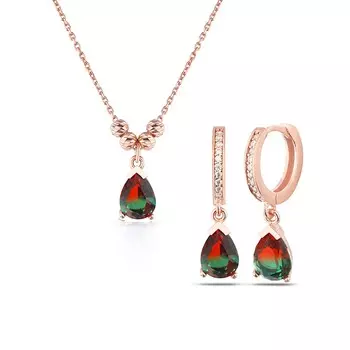 Ожерелье с подвеской и серьги Комплект ювелирных изделий Teardrop Tourmaline 925 Sterling Silver