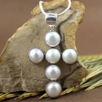 Ожерелье с подвеской из белого жемчуга и круглого драгоценного камня, подвеска Рейки, серебряные ювелирные изделия, серебро 925 пробы, ожерелье с крестом, уникальный подарок Pendant