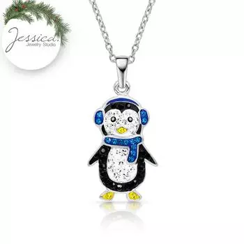 Ожерелье с подвеской из чистого серебра 925 пробы и кристаллами с милым пингвином для зимних праздников для женщин и девочек