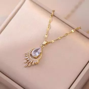 Ожерелье с подвеской из циркония в форме капли для женщин, модное ожерелье из нержавеющей стали золотого цвета, вечерние ювелирные аксессуары
