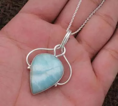 Ожерелье с подвеской из драгоценного камня Ларимар, серебряные ювелирные украшения, уникальный подарок, дизайнерские украшения, подарок на день рождения, серебро 925 пробы 18 Inch