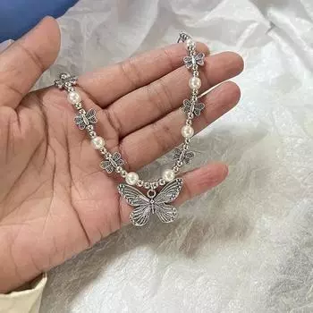 Ожерелье с подвеской из искусственного жемчуга в виде бабочки, винтажное модное женское ожерелье ручной работы из бисера, милые девушки, стиль Y2K, ювелирные изделия, подарки, аксессуары