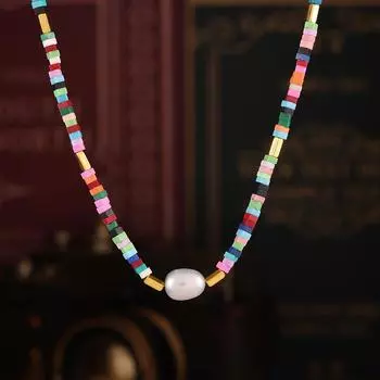 Ожерелье с подвеской из искусственного жемчуга и бусинами из натурального камня в стиле бохо-цвета, цепочка на шею с допамином