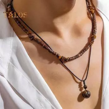 Ожерелье с подвеской из искусственной бирюзы из скорлупы кокоса, двухслойное регулируемое удлиненное ожерелье-цепочка, мужская цепочка на ключицу, ювелирное изделие, подарок A