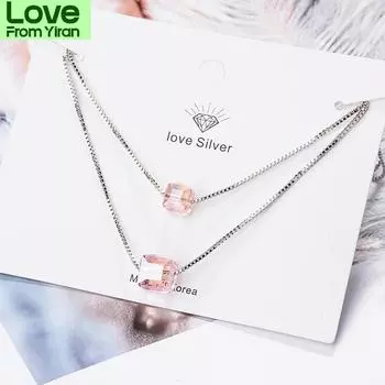 Ожерелье с подвеской из кубических бусин Lekani Crystals, двухслойное ожерелье из стерлингового серебра 925 пробы для женщин, шикарный подарок розовый