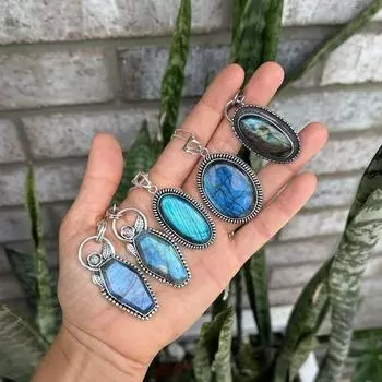 Ожерелье с подвеской из лабрадорита, серебро 925 пробы Free Size чёрный