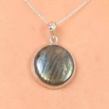 Ожерелье с подвеской из натурального лабрадорита и круглого драгоценного камня, твердое серебро 925 пробы, ювелирные изделия ручной работы, эффектные ювелирные изделия, дизайнерское ожерелье 18 Inch