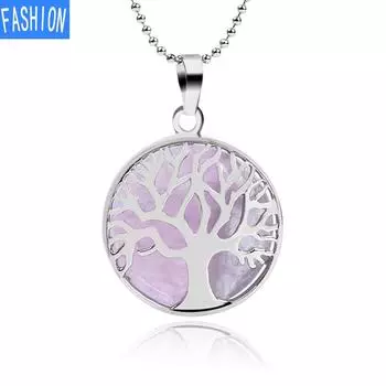 Ожерелье с подвеской из натурального камня, круглое ожерелье с деревом жизни, аметист white crystal