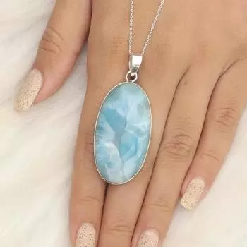 Ожерелье с подвеской из натурального камня Ларимар, серебро 925 пробы, ювелирные изделия ручной работы, большой овальный камень, подвеска Рейки, подарок для нее 18 inch