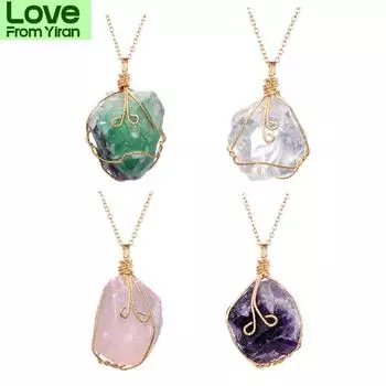 Ожерелье с подвеской из натурального необработанного камня с неровной кривизной из кварца, медная проволока, обернутая в золотистый оттенок