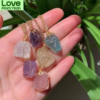 Ожерелье с подвеской из натурального камня, маленький маятник из горного кварца, аметисты, цитрины, флюорит, розовый кристалл, ожерелье для женщин, целебное