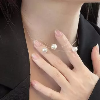 Ожерелье с подвеской из прозрачной лески и круглой бусиной для женщин с цепочкой на ключицу и шею из свежего сахарного жемчуга