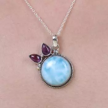 Ожерелье с подвеской из серебра 925 пробы, ларимара и аметиста, подарок для нее, ювелирные изделия из камня, дизайнерские украшения 18 inch