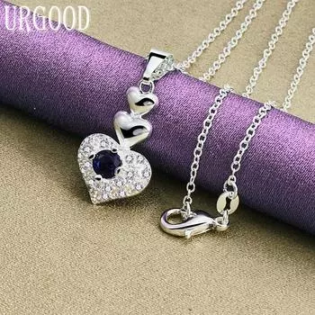 Ожерелье с подвеской из синего циркона из стерлингового серебра 925 пробы в форме сердца, свадебные модные украшения 45cm