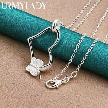 Ожерелье с подвеской из стерлингового серебра 925 пробы в форме сердца в рамке с бабочкой 16-30 дюймов для женщин, модные ювелирные изделия для свадебной вечеринки O-Chain-40cm