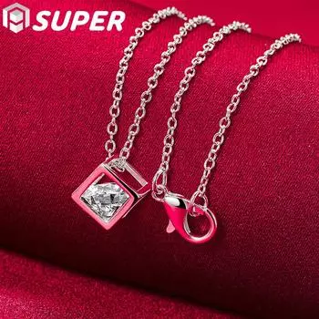 Ожерелье с подвеской из стерлингового серебра 925 пробы с квадратным цирконом AAA, ювелирные изделия 45cm