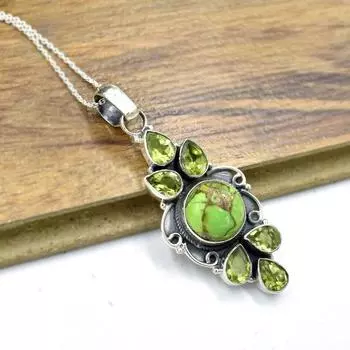 Ожерелье с подвеской из зеленого медного бирюзового перидота, колье из серебра 925 пробы, очаровательные украшения, уникальный подарок, украшения в стиле бохо, подарок на помолвку