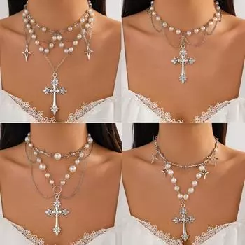 Ожерелье с подвеской из жемчужных бусин в европейском и американском стиле в стиле панк K Set 6907 белый