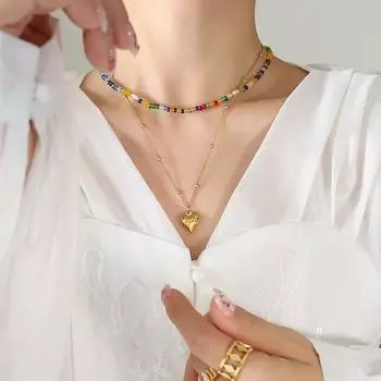 Ожерелье с подвеской Love в стиле путешествий и отпуска, цветные бусины, двойная сложенная, модная, индивидуальная, богемная, на ключицу