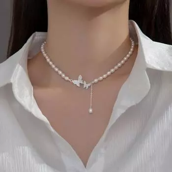 Ожерелье с подвеской, модное ожерелье с нежным реквизитом на ключицу, очаровательное ожерелье, модное ожерелье с имитацией жемчуга и бабочки, женское ожерелье, ювелирные изделия для вечеринок серебряный
