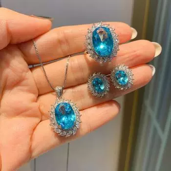 Ожерелье с подвеской New Sea Blue Diamond для женщин, простое кольцо, серьги-гвоздики с синими бриллиантами