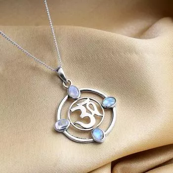 Ожерелье с подвеской «Ом» из натурального лунного камня, 925 пробы, женское серебро, ювелирные изделия белый