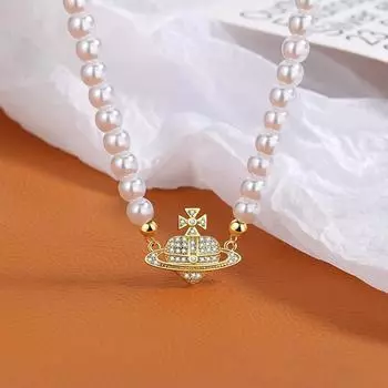 Ожерелье с подвеской Pearl Love в винтажном стиле, элегантное, с бусинами, полностью бриллиантовая планета, имитация жемчуга, цепочка-воротник Tide