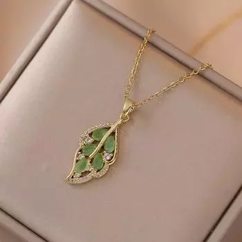 Ожерелье с подвеской в форме листа циркона для женщин, модное ожерелье из нержавеющей стали золотого цвета, вечерние ювелирные аксессуары