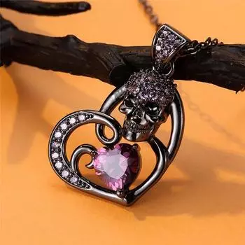 Ожерелье с подвеской в форме сердца в виде черепа на Хэллоуин для женщин, изысканное инкрустированное цирконием, черное золото, цепочка, ювелирное изделие, персонализированный подарок чёрный/фиолетовый