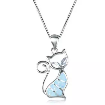 Ожерелье с подвеской в стиле бохо, милый кот, имитация белого огненного опала для женщин, очаровательное ожерелье со стразами и синими кристаллами, ювелирное изделие, подарок 60cm зелёный