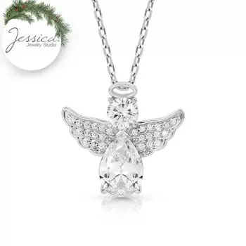 Ожерелье с подвеской в виде ангела из чистого серебра 925 пробы с кристаллом в форме груши