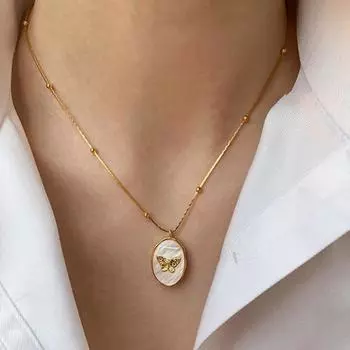 Ожерелье с подвеской в виде бабочек и ракушки, фотоальбом, подвеска-шарм, регулируемая длина, ожерелье с бусинами