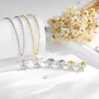 Ожерелье с подвеской в виде бабочки из циркона и серьгами в виде цепочки для женщин золотой