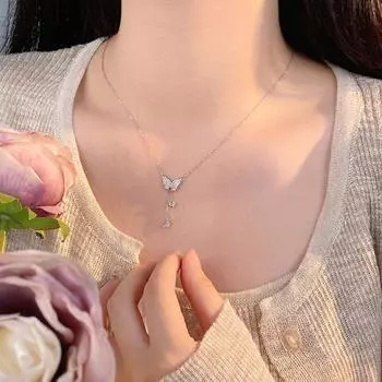 Ожерелье с подвеской в виде бабочки для женщин, регулируемая цепочка на ключицу, блестящая, гипоаллергенная, нежная бабочка