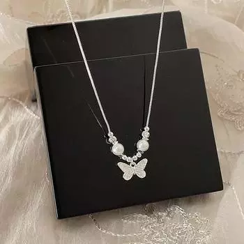 Ожерелье с подвеской в виде бабочки из жемчуга и металла, женская нишевая французская ретро-личность, простая универсальная, темпераментная цепочка на шею, цепочка на ключицу