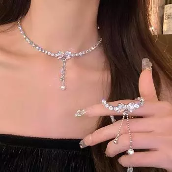 Ожерелье с подвеской в виде банта и жемчуга в стиле панк, блестящая ключичная цепочка для женщин и девочек, украшения для вечеринок Y2K, аксессуары, подарки