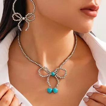 Ожерелье с подвеской в виде банта из бирюзы и простыми бусинами CCB: Европейский и американский стиль K earrings 3441 белый