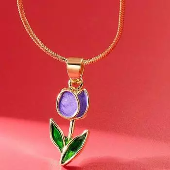 Ожерелье с подвеской в виде фиолетового цветка и зеленого листа для женщин, милое ожерелье с тюльпаном для девочек, великолепная повседневная одежда, модные ювелирные изделия фиолетовый