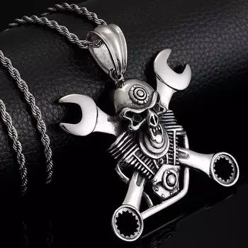 Ожерелье с подвеской в виде головы черепа и гаечного ключа для мужчин и женщин, мужские украшения из нержавеющей стали, мужские подвески, подарок для парня 60CM