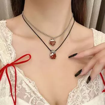 Ожерелье с подвеской в виде головы красной кошки в стиле ретро Y2K - ожерелье в виде ключицы в стиле INS для женщин KT cat leather rope necklace