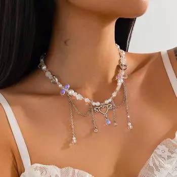 Ожерелье с подвеской в виде кисточки в европейском и американском стиле Sweet Cool Love с имитацией жемчуга и цепочкой для ключицы K necklace 6942 белый