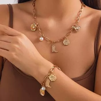 Ожерелье с подвеской в виде ковбойских сапог в европейском и американском стиле с неровными жемчужинами - универсальные женские украшения Bracelet 2576 золотой