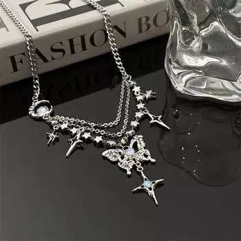 Ожерелье с подвеской в виде креста и звезды в виде лунного камня, цепочка на ключицу в виде бабочки, женское маленькое универсальное ожерелье в стиле темперамент, цепочка на свитер